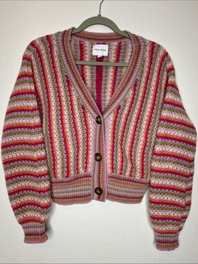 Colorful Pink Rose Knit Cardigan - Size S Boho Whimsical Dopamine Retro